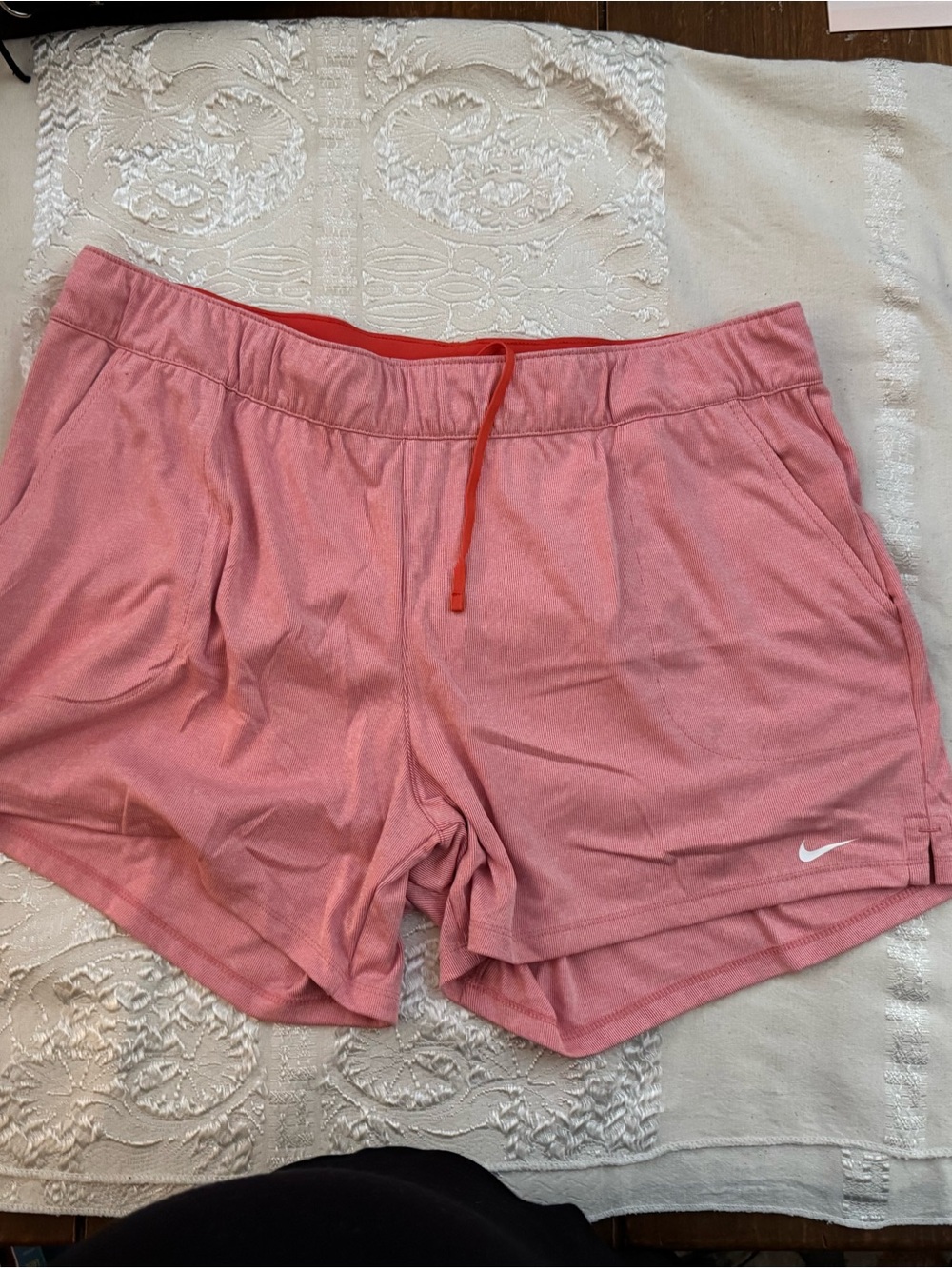 Nike Women’s Coral Pink Athletic Shorts with Red Drawstring